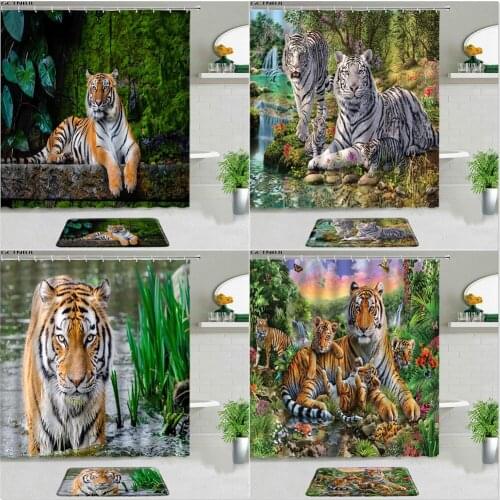 Tiger Shower Curtains Forest Wild Animal Themed Bathroom Decor Set Waterproof Fabric Home Bath Bathtub Screen and Flannel Carpet