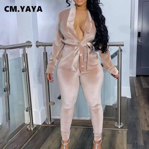 CM.YAYA Women Velvet Two 2 Piece Set Long Sleeve Blouses and Legging Pants Matching Set Outfits Autumn Streetwear Tracksuit