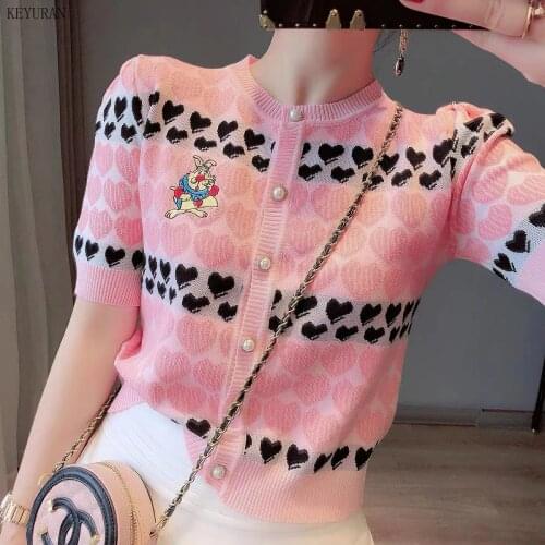 2021 Spring Summer Cardigan Thin Sweater Pink New Cartoon Embroidery Knitwear Heart Print Jacquard Knitted Short Cardigan Tops