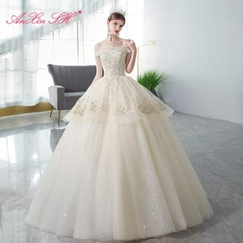 AnXin SH princess french retro flower champagne lace wedding dress vintage boat neck beading crystal ruffles bride wedding dress