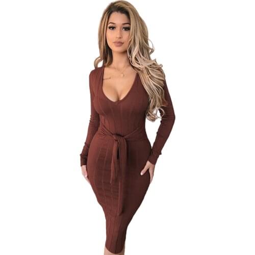 Autumn Women Knee-Length Casual V-Neck Long Sleeve Sweater Dress Sexy Sashes Bandage Bow Sheath Dresses Elegant Knit Bodycon