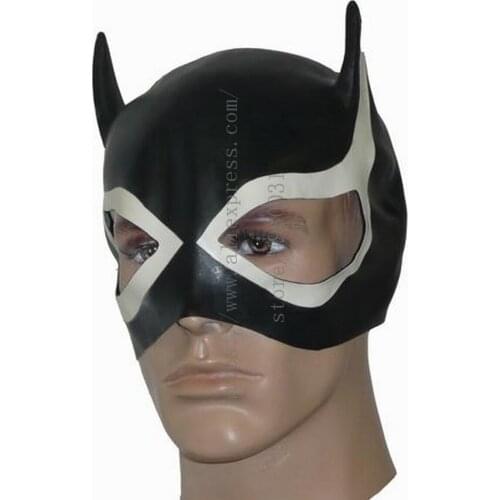 Batmen design adults' black latex catsuit mask with white trims decorations what is made of 0.4mm natural latex materials