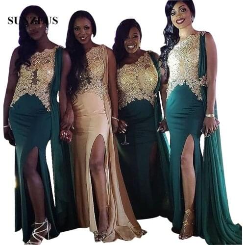 Beaded Gold Appliques One Shoulder Bridesmaid Dress Illusion Bodice Long Green Wedding Guest Gowns Side Slit Satin Formal Dress