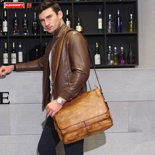 Business Casual Leather Mens Bag Shoulder Messenger Bag Laptop Handbag Retro Male Briefcase Vegetable Tanned Head Layer Cowhide