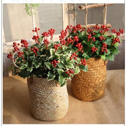 Artificial green plants leaves and red berries on Stems artificial for Tree Decorations Wreath Craft Use Wedding Party Favor