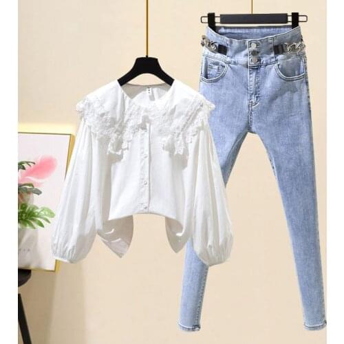 Small Spring Womens Suit Korean Loose Lace Collar White Shirt with Two-piece High Waist Jeans with Small Feet