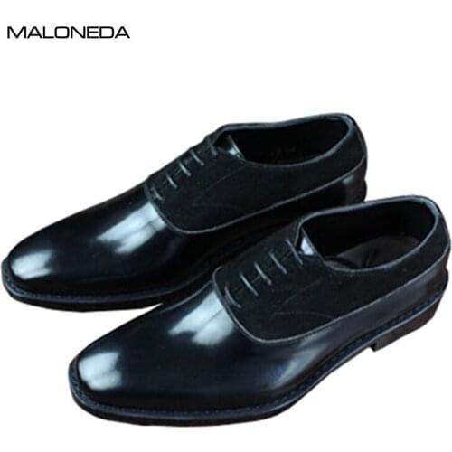 MALONEDA Handmade Goodyear Patent Leather and Cow Suede Formal Shoes Black Lace up Oxfords Dress Shoes for Male