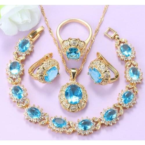 Trendy Costume Gold Color African Women Wedding Jewelry Sets Blue Cubic Zirconia Clip Earrings And Necklace Bridal Sets
