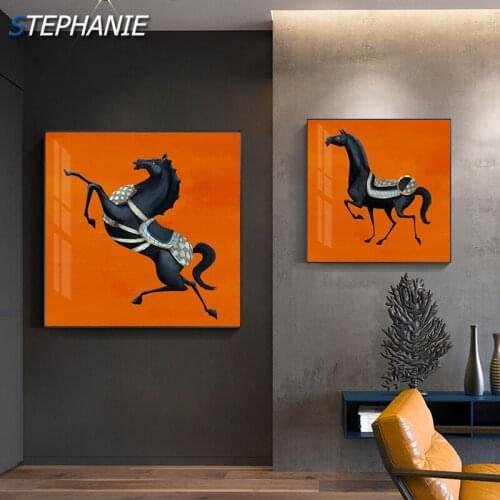 Fashion Orange Background Canvas Painting Black Horse Pictures Modern Home Decoration for Living Room Uhique Poster and Prints