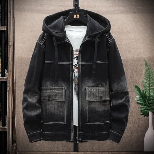Spring and Autumn New Style Boutique Pure Cotton Fashion Detachable cap Black Mens Casual Denim Jacket Slim Cowboy Coat