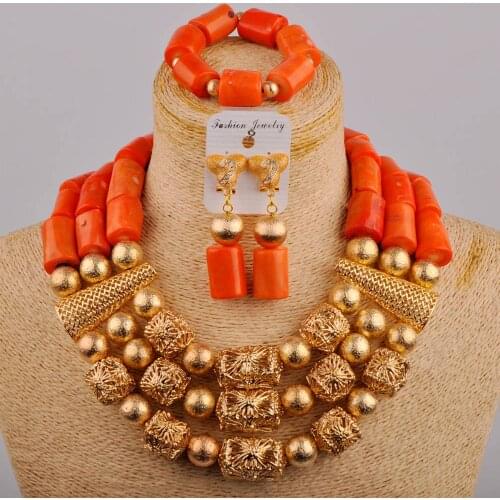 Three Rows Choker Coral Beads Jewelry Set Including Bracelelt +Earrings +Necklace Orange / Red / White Color Bridal Set
