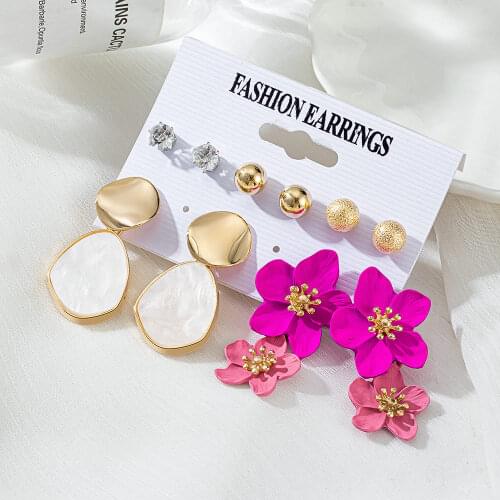 Brand New 5 Pair/Set Vintage Earrings for Women Gold Color Pink Flowers Tendency Women`s Earring 2021 Set Fashion Party Jewelry