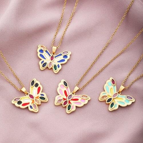 New Design Quality Zircon Enamel Butterfly Pendant Necklace 18K Gold Plated Titanium Steel Chain for Women Friends Birthday Gift
