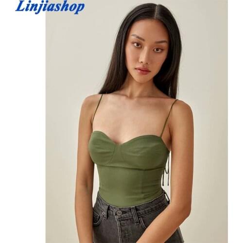 Adjustable Spaghetti Straps Camis France Slim Women Tank Top Summer Elegant Green Side Zipper Tube Tops