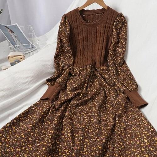Vintage Corduroy Women Floral Dress Elegant Autumn Winter Dresses Sweater Pullover Mid-Calf Dresses