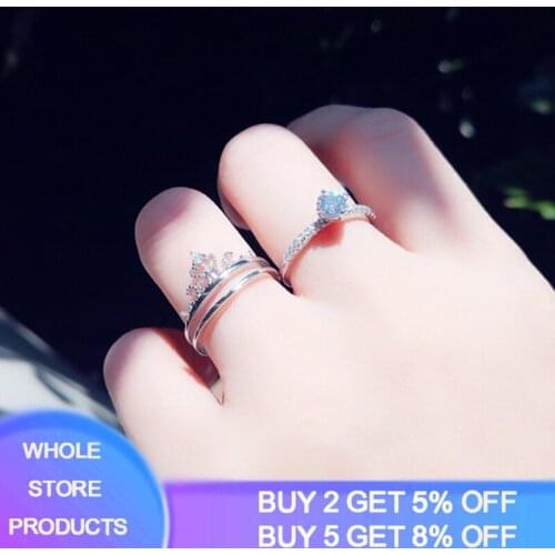 YANHUI New Unique Crown Design Solid 925 Silver Rings Set 0.75ct Zirconia Diamond 2 in 1 Stackable Ring Adjustable Size OR263
