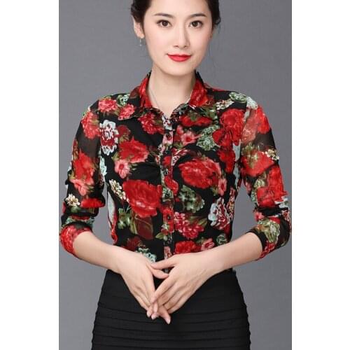2019 Office Women Female Floral Print Long Sleeve Stretch Mesh Blouse Top Shirts , Woman Womens Slim 4xl Tops And Blouses