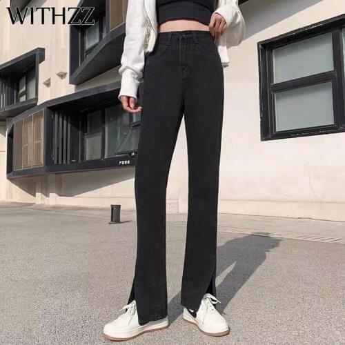 WITHZZ Spring Autumn Womens High Waist Denim Pants Retro Loose Straight Split Trousers Jeans