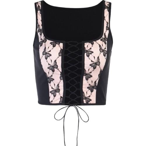 Summer Fashion Women Lace Butterfly Tube Tank Tops Ladies Club Street Clothes Sleeveless Hollow Lace-up Patchwork Vest Crop Top