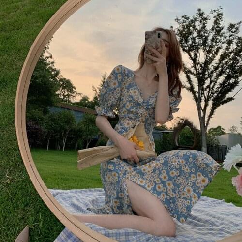 Puff sleeve floral sexy split V-neck dress Summer split hollow cheongsam French retro elegant bellflower dresses