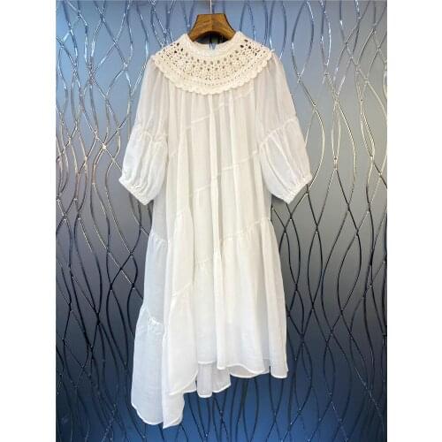 100%Linen Dress 2021 Summer Style Women Hollow Out Crochet Lace Embroidery Half Sleeve Sexy Asymmetrical Dress White Black Color