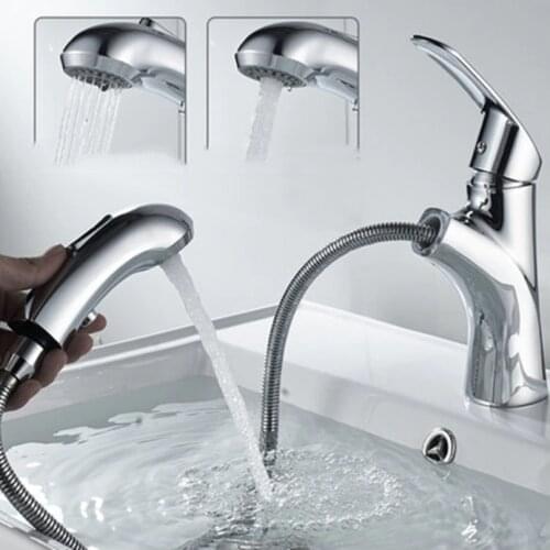 2 color Brass Body Cold Water And Hot Water Faucet Black / Chrome Plated Single Hole Wash Basin Mixing Valve Pullable Shower Tap