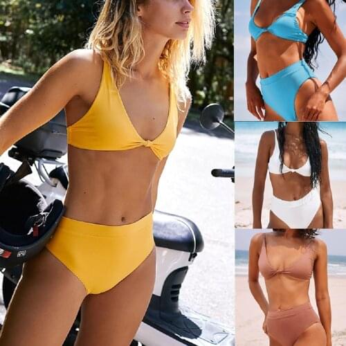 2021 Sexy Women High Waist Bikini Swimsuit Swimwear Female Bandeau Solid Brazilian Biquini Mujer Bikini Set Bathing Suit Bather
