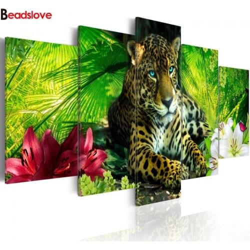 Multi-Picture 5 piece diy diamond painting red flower leopard animal full square round drill mosaic embroidery sale needlework