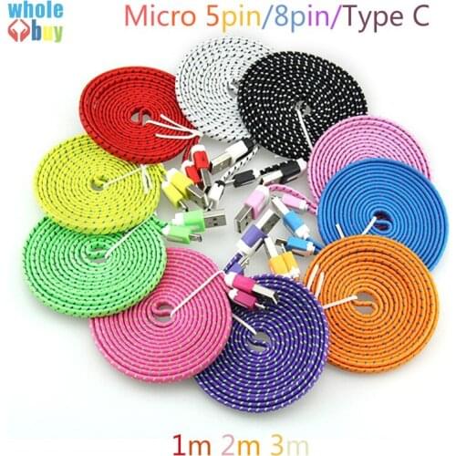 50pcs/lot Colorful Nylon Flat Noodle Braided Fabric 1m 2m 3m Micro 5pin 8pin Type C Data Sync Charger Cable for Samsung Iphone