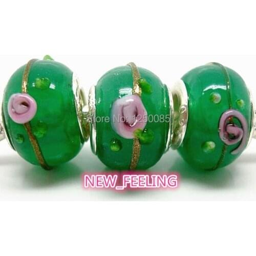 50pcs/lot Green color Flower Design Lampwork Glass Beads Silver Plated Metal Fit European Bracelet and Necklace LGB37