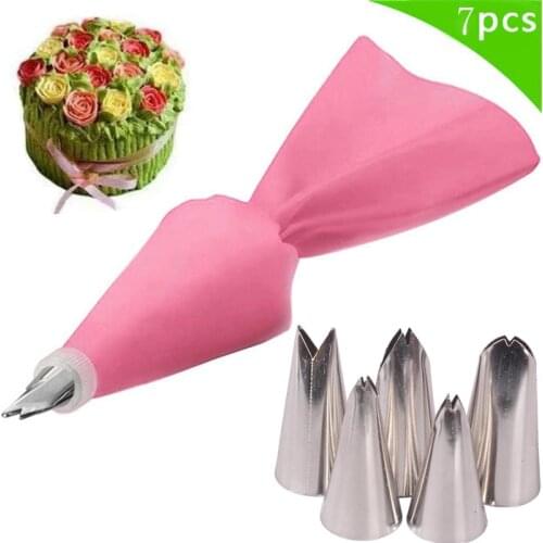 7pcs Silicone Kitchen Icing Piping Cream Pastry Bag +5pcs Leaves Stainless Steel Nozzle +1pc Converter Set Cake Decorating Tool