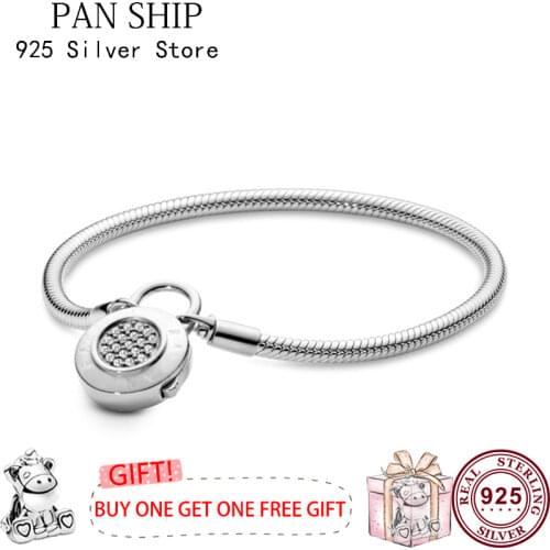 100% 925 брелок Silver Pan Bracelet Round With Crystal Lock Chain Pan Bracelet Fit European Charm Bracelets Women Jewelry