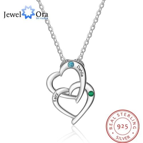 Personalized 925 Sterling Silver Interlocking Heart Necklace with 2 Birthstones Custom Engraved Name Silver Pendants for Women