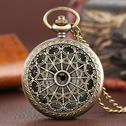 Vintage Retro Bronze Quartz Steampunk Pocket Watch Unique Spider Web Hollow Women Men Pendant Analog Clock Necklace Chain Gift