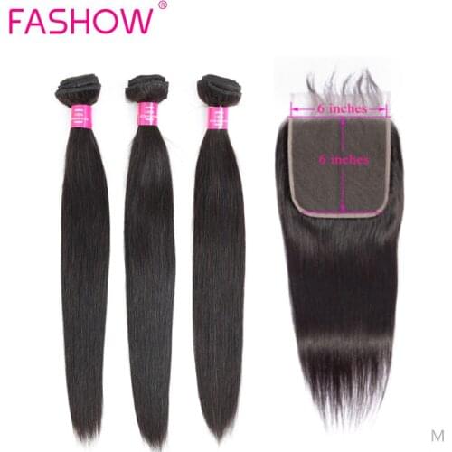 Fashow Indian Human Hair 3 Pcs Straight Bundles With Closure 6×6 Swiss Frontal Lace Medium Brown Lace Natural Color Remy Hair