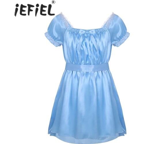 IEFiEL Mens Sexy Lingerie Underwear Dress Babydoll Costumes Shiny Crossdress Male with Sash Bowknot Sissy Bodycon Gay Panties