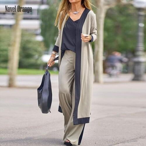 New Women Sling Top X-Long Coat Straight Pants 3PCS Suits Loose Elastic Waist V-Neck Full Sleeve Sets Fashion Elegant Streetwear
