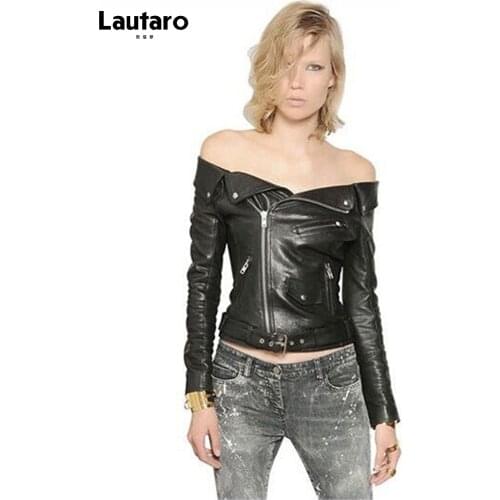 Lautaro Autumn Off Shoulder Soft Faux Leather Jacket Women Zipper Long Sleeve Belt Elegant Stylish Sexy European Fashion 2021