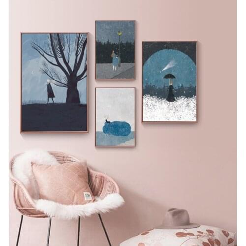 Girl Cute Illustration Blue Nordic Posters And Prints Wall Art Canvas Painting Abstract Wall Pictures For Living Kids Room Decor