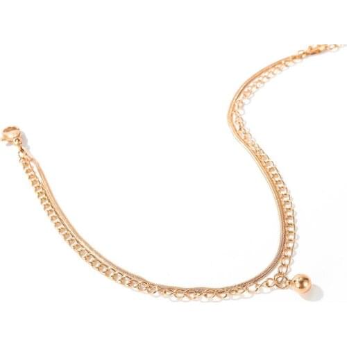 Fashion Bead Anklet Rose Gold Color Stainless Steel Double Layer Link Chain Beach Holiday Foot Jewelry Women