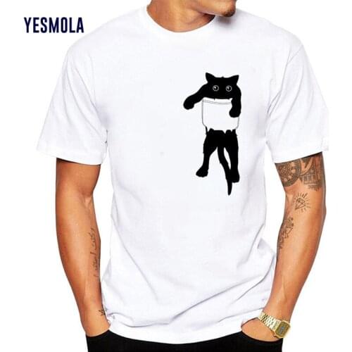 YESMOLA Mens Casual T-shirt with Black Cat Print Harajuku White T Shirt Cartoon Panda Print Tee Shirt Casual O-neck Tops Male