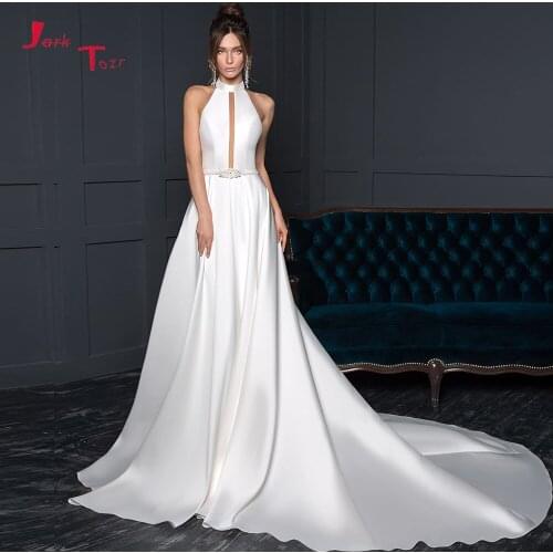 New Arrivals Satin Sheath Wedding Dresses Vestido De Noiva Beaded Crystal Waist Sexy Backless Halter Elegant Wedding Gowns China