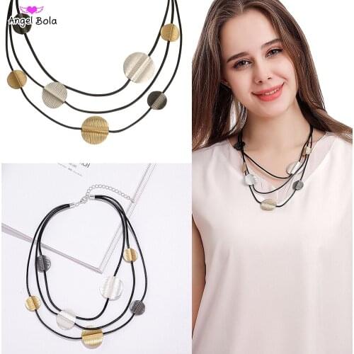 Irregular Round Necklace for Women Black Multilayer Rope Chain Necklace Hand Polished Jewelry Neck Unique Pendant Accessories