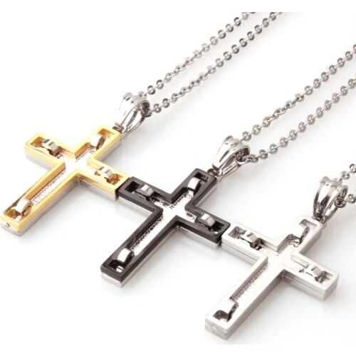 Hot Sale Stainless Steel New Design Christian Cross Mens Boys Hot Jewelry Pendant Necklace With Vertical Cross Chain 24inch