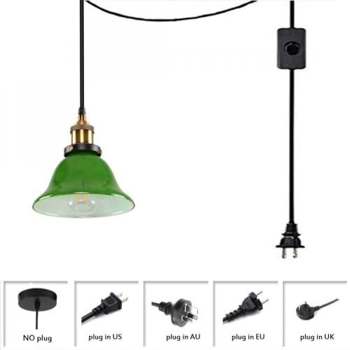Plug In Pendant Light Vintage Hanging Ceiling Lamp Fixture with Green Electroplate Finish Glass Shade and Gold Lamp Holder