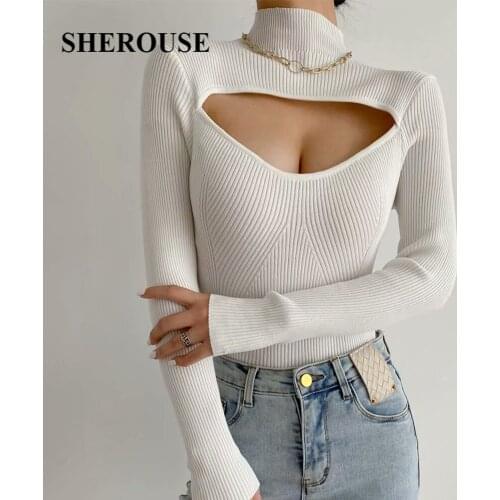 SHEROUSE Fashion Hollow Out Knit Sweater Casual Women Long sleeves Mock Neck Slim-fit Tight Knitted sweaters Woman Pullover