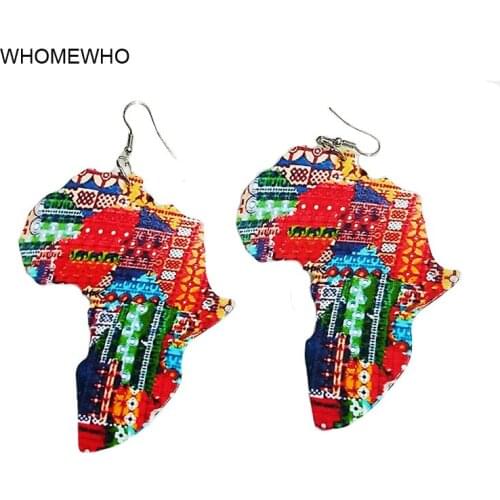 WHOMEWHO Natural Wood Africa Map Double Sided Printed Ear Earrings Vintage Native African Afro Jewelry Wooden DIY Club Accessory