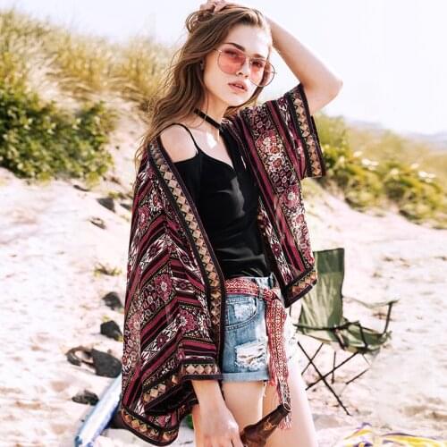 STH275 New Arrival 2017 women oversized summer outwear sequined braid patchwork ethnic print chiffon shirt cardigan