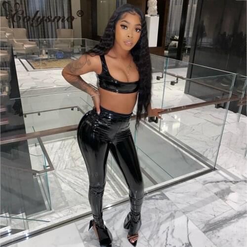 Colysmo Two Piece Pants Set Fashion PU Leather Split Pencil Pants Sexy Vest y2k Crop Top Black Cami Party Outfits for Women 2020