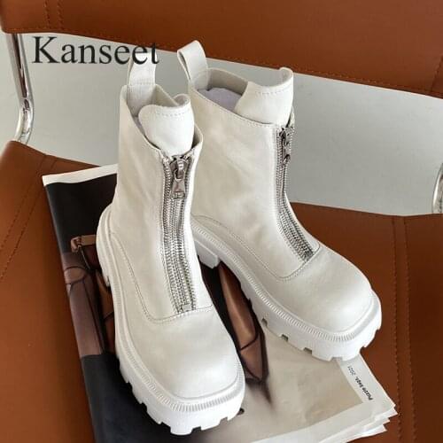 Kanseet Women Short Boots 2021 Autumn Winter New White Genuine Leather Chunky Heels Handmade Zipper Female Platform Ankle Boots